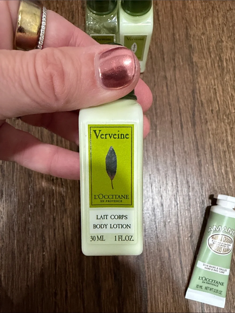 L’Occitane Travel size body lotion, shower gem, and hand cream